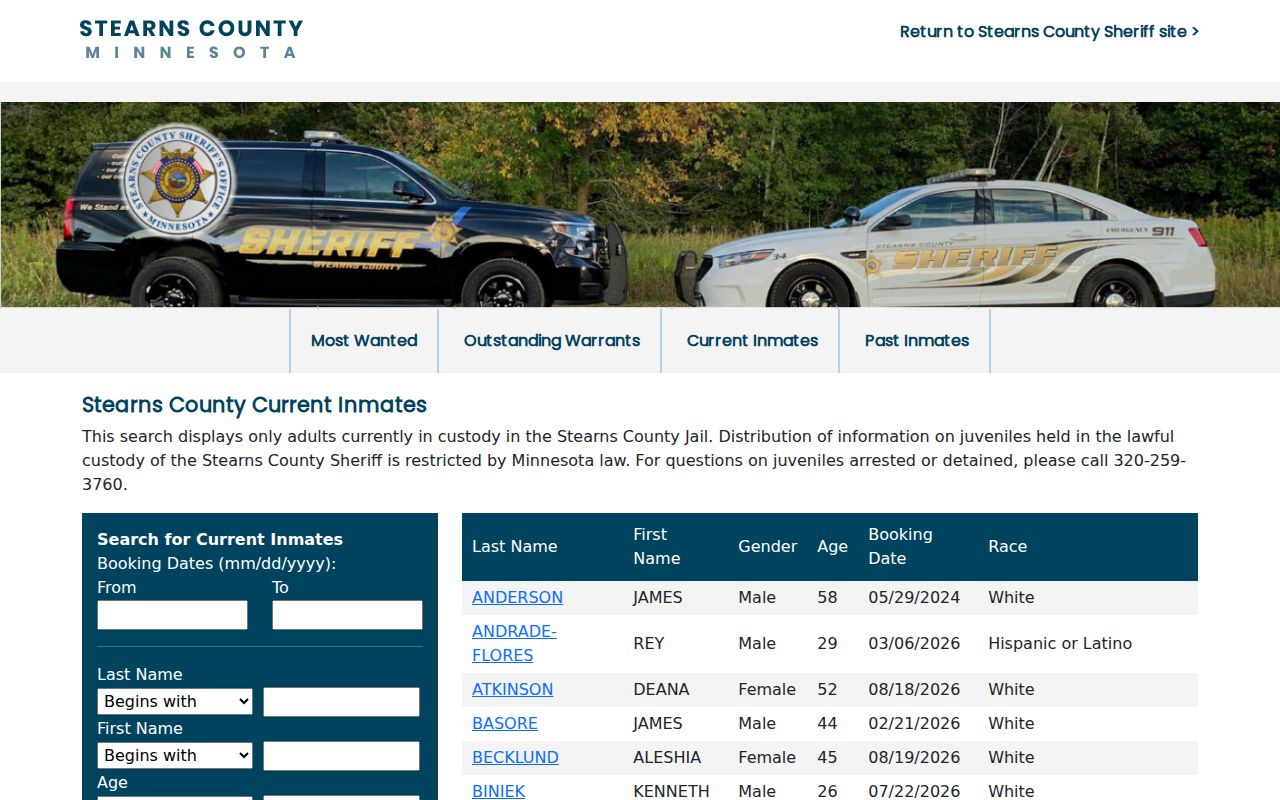 St. Cloud resident lookup view of Stearns County current inmate roster